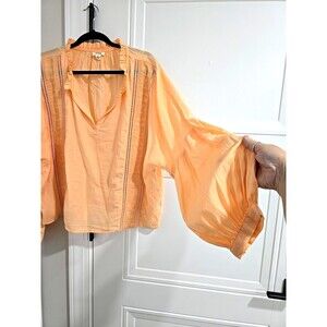 Ana Peach Cotton Blouse Womens XL Ruffle Long Balloon Sleeve Lightweight Pastel